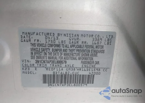 2014 Nissan Versa 1.6 Sv из США, поврежденный, VIN 3N1CN7AP3EL800579